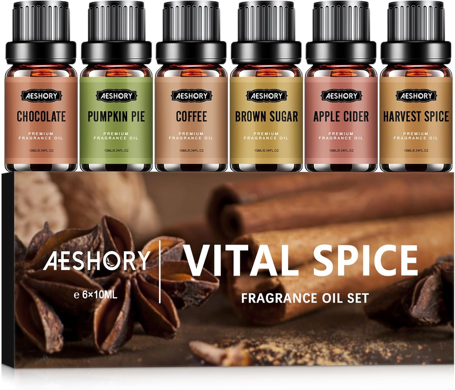 Spice Essential Oils Set - 6x10ML Fragrance Oil for Candle Making, Diffuser - Pumpkin Pie, Coffee, Chocolate, Harvest Spice, Apple Cider, Brown Sugar Scented Oil