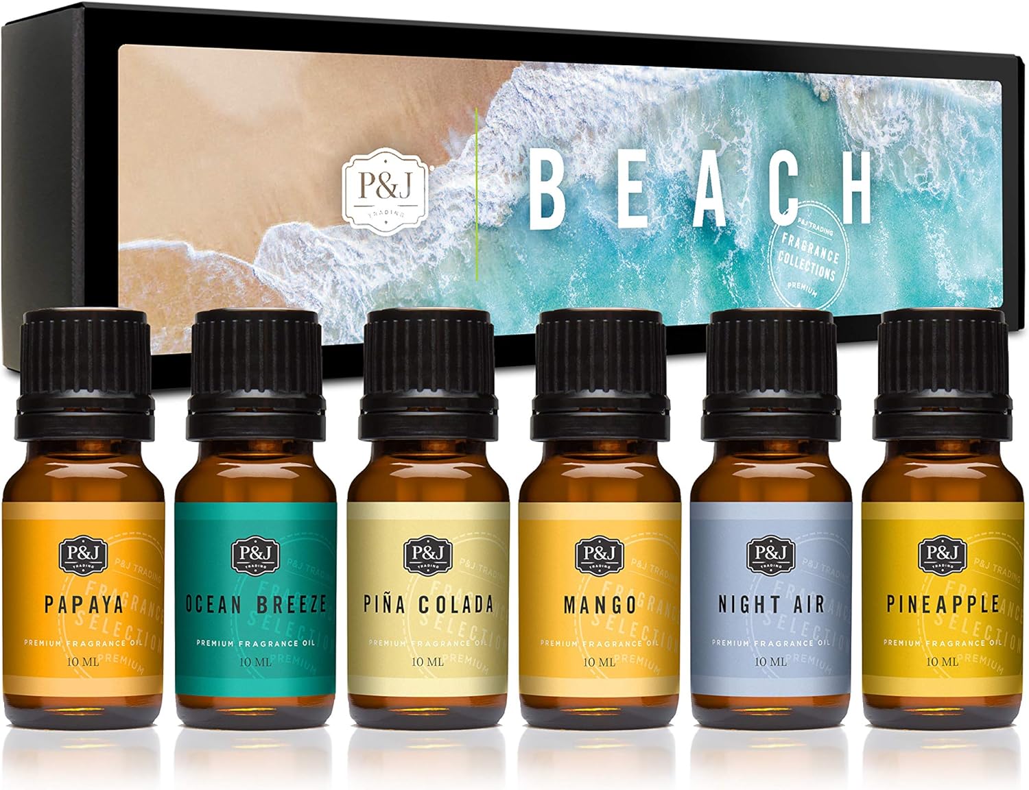 P&J Trading Fragrance Oil Beach Set | Ocean Breeze, Papaya, Pina Colada, Mango, Pineapple, and Night Air Candle Scents for Candle Making, Freshie Scents, Soap Making Supplies, Diffuser Oil Scents