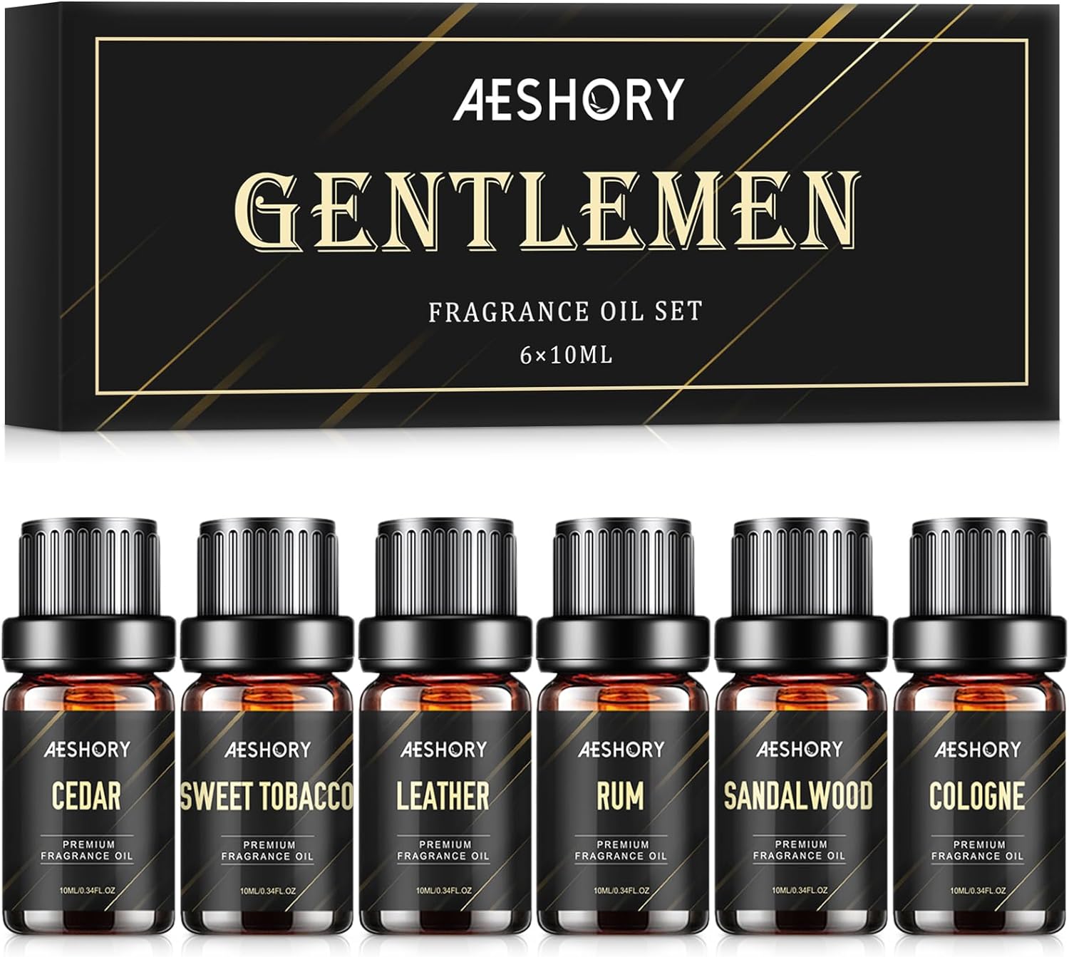 Gentlemen' Essential Oils Set - 6x10ML Mens Fragrance Oil for Candle Making, Diffuser - Sandalwood, Cedar, Leather, Sweet Tobacco, Bay Rum, Cologne Aromatherapy Oils for Men