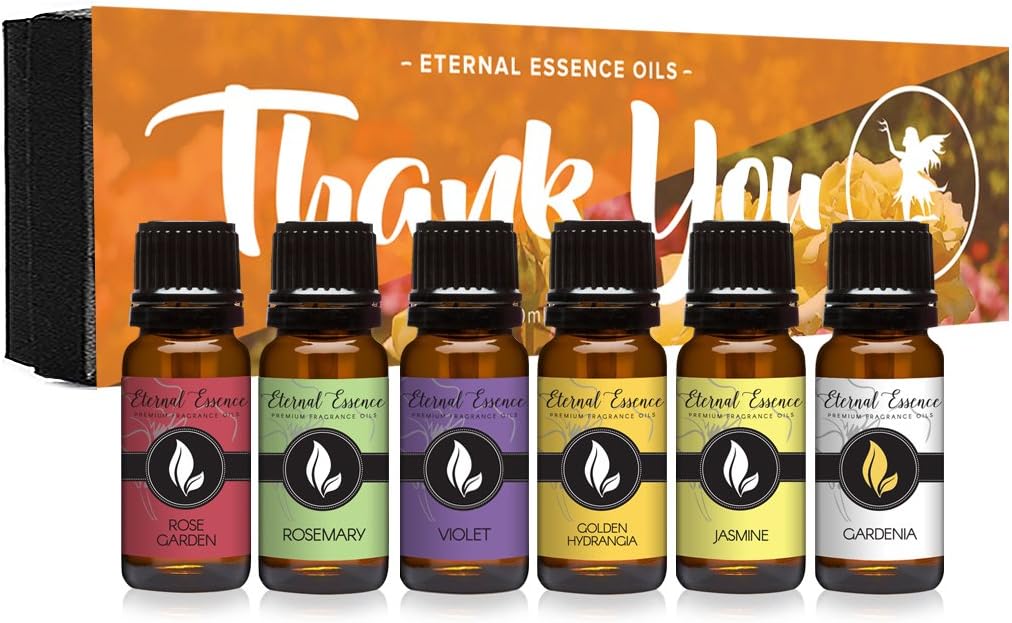 Eternal Essence Oils Thank You Fragrance Oil Gift Set - 6 Long Lasting Scents in 10mL Amber Glass Bottles - Oils for Diffusers, Soap & Candle Making, Aromatherapy - Includes Sunflower, Jasmine, & More