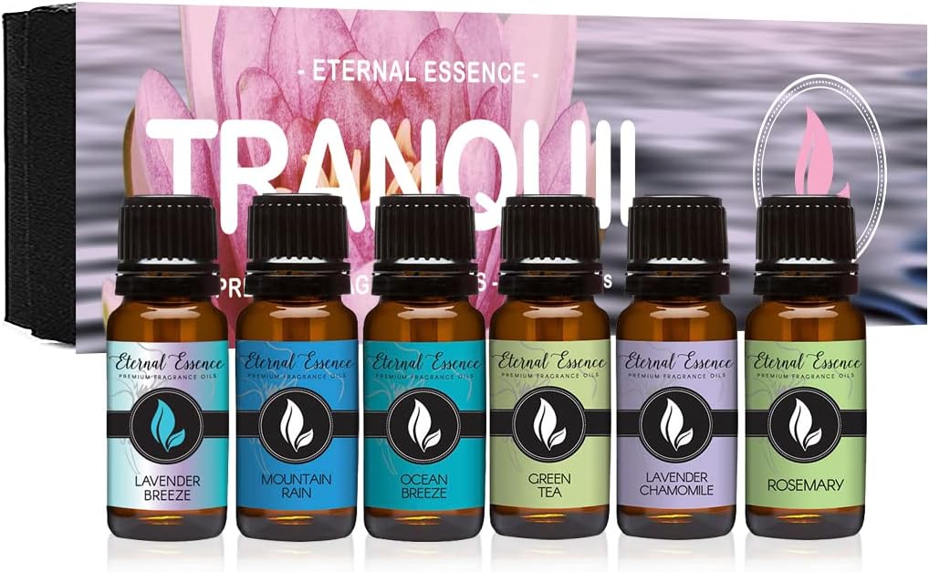 Eternal Essence Oils Tranquil Fragrance Oil Gift Set - 6 Long Lasting Scents in 10mL Glass Bottles - Oils for Diffusers, Soap & Candle Making, Aromatherapy - Includes Lavender Breeze, Green Tea & More