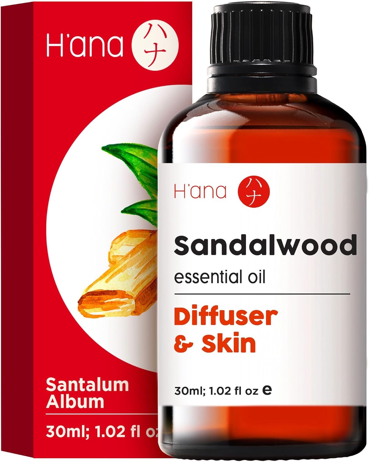 Hana Sandalwood Essential Oils for Diffuser - Natural Sandalwood Oil - 100% Sandalwood Essential Oil for Hair, Skin, Massage, & Perfume (1 fl oz)