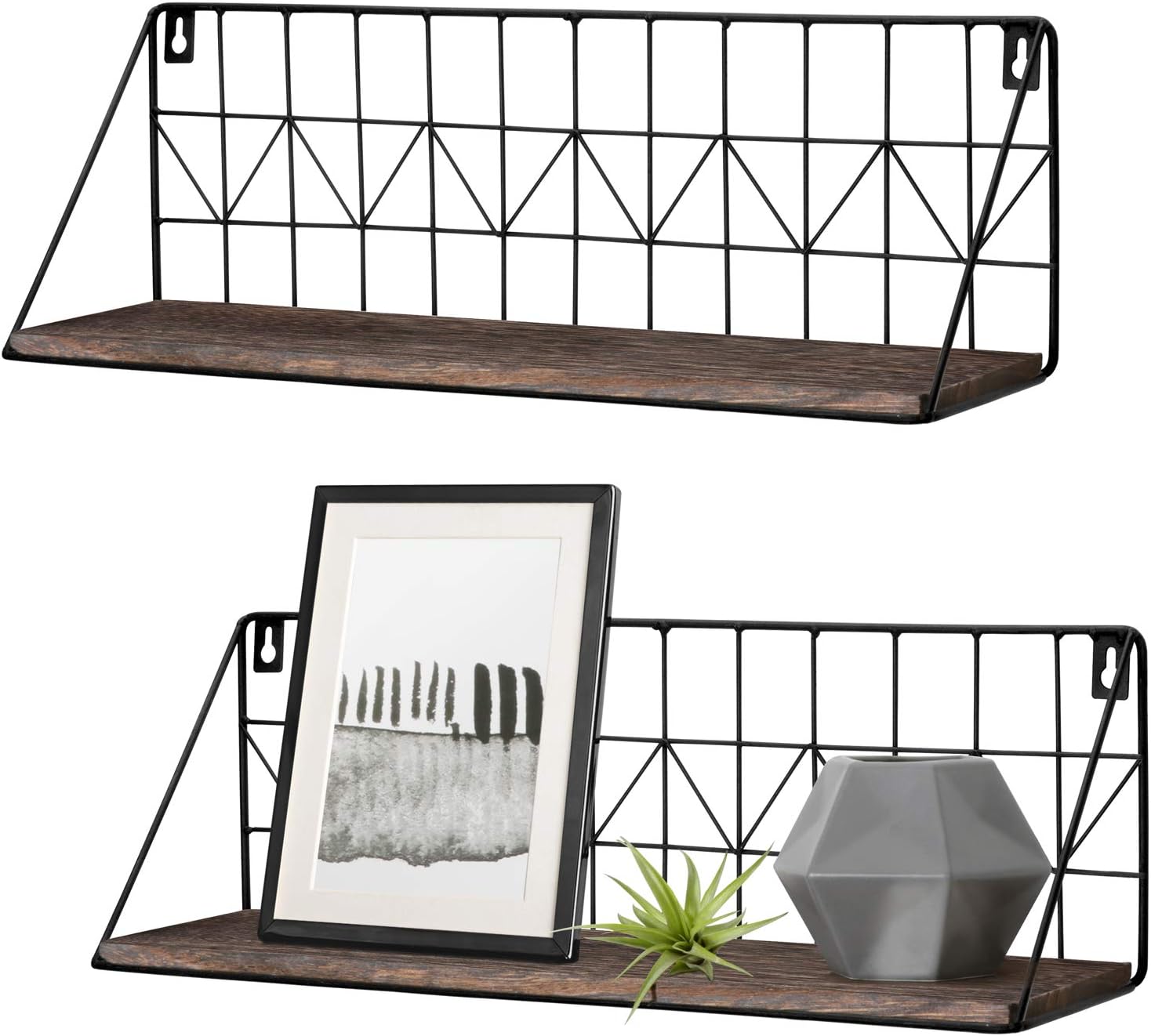 Mkono Floating Shelves Wall Mounted Set of 2 Rustic Wood Storage Display Shelf with Metal Wire Basket, Hanging Shelf for College Drom Bedroom Bathroom Living Room Kitchen Office, Brown,Medium