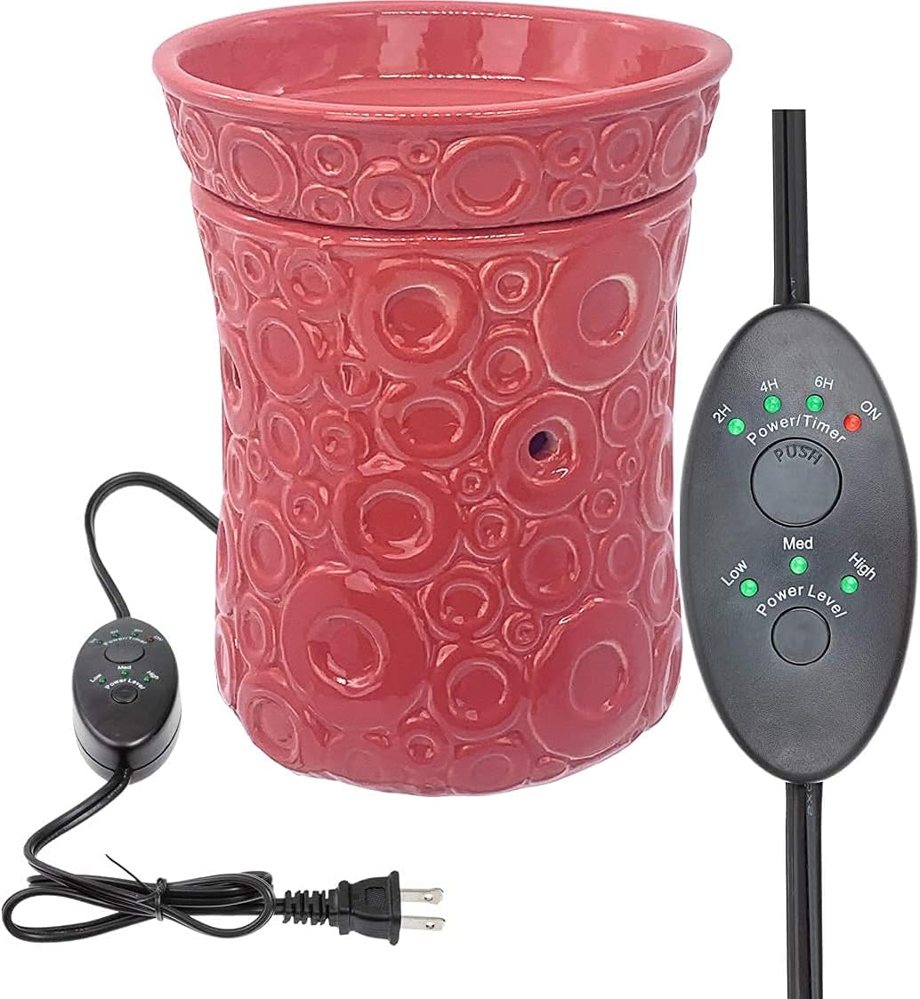 Red Circles Ceramic Candle Warmer Electric with Safety Timer | Automatic Plug in Fragrance Warmer for Scented Wax Melts, Cubes, Tarts | Air Freshener Set for Home Dcor, Office, and Gifts