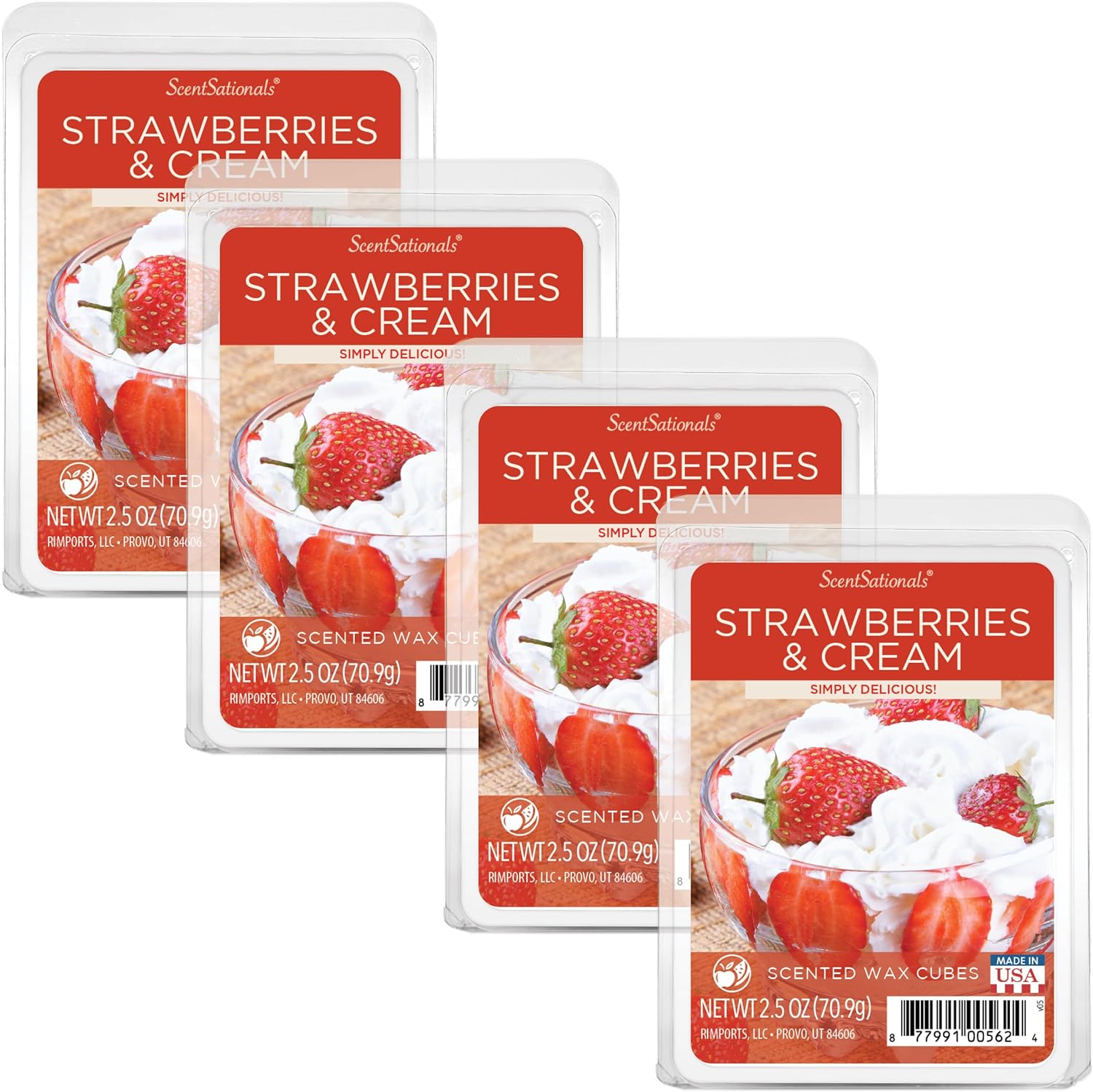 Scentsationals Scented Wax Fragrance Melts - Strawberries & Cream - Wax Cubes Pack, Home Warmer Tart, Electric Wickless Candle Bar Air Freshener, Spa Aroma Decor Gift - 2.5 oz (4-Pack)