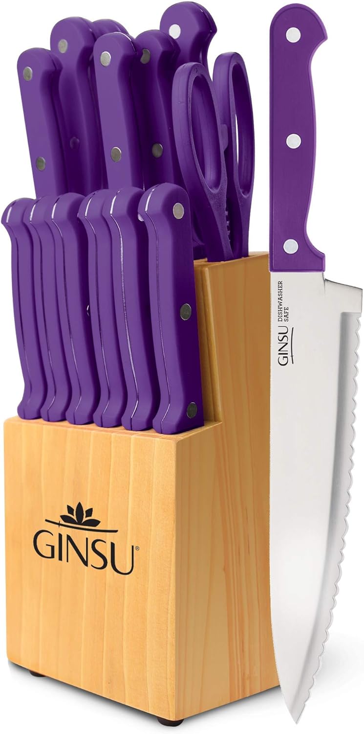 Ginsu Kiso 14-Piece Purple Knife Set with Natural Block - Dishwasher Safe and Always Sharp