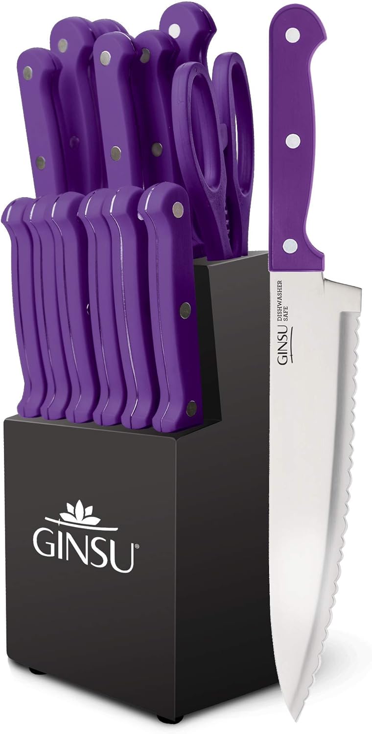 Ginsu Kiso 14-Piece Purple Knife Set with Black Block - Dishwasher Safe and Always Sharp