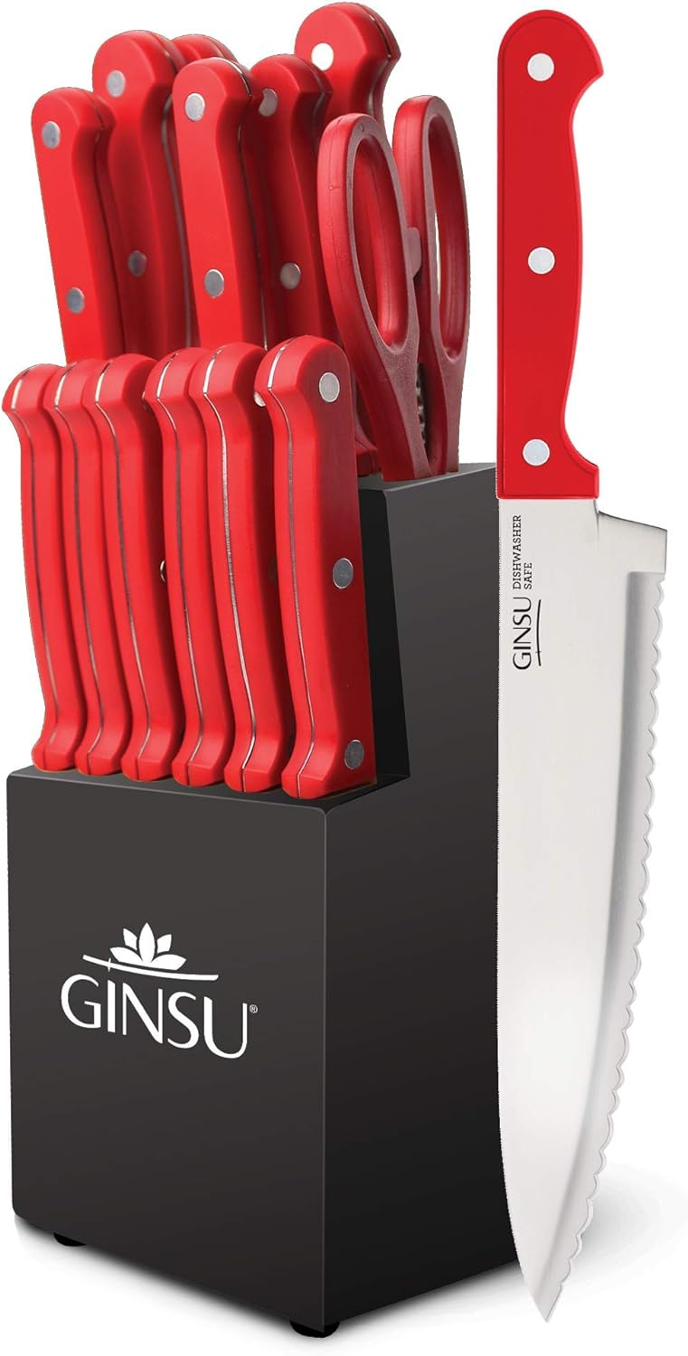 Ginsu Kiso 14-Piece Red Knife Set with Black Block - Dishwasher Safe and Always Sharp