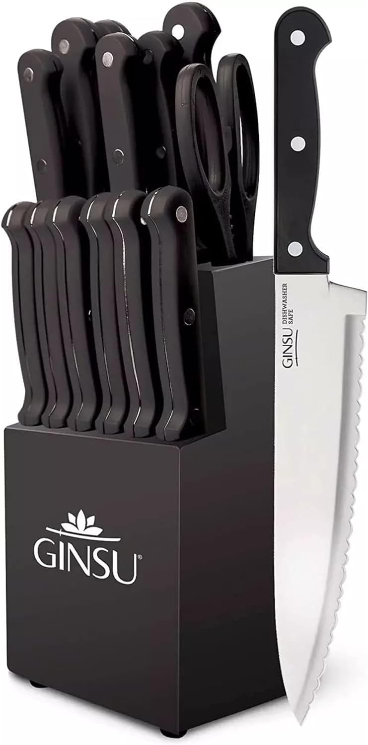 Ginsu Kiso Dishwasher Safe Black 14 Piece Knife Set Block, 9 W x 15 H x 5 D