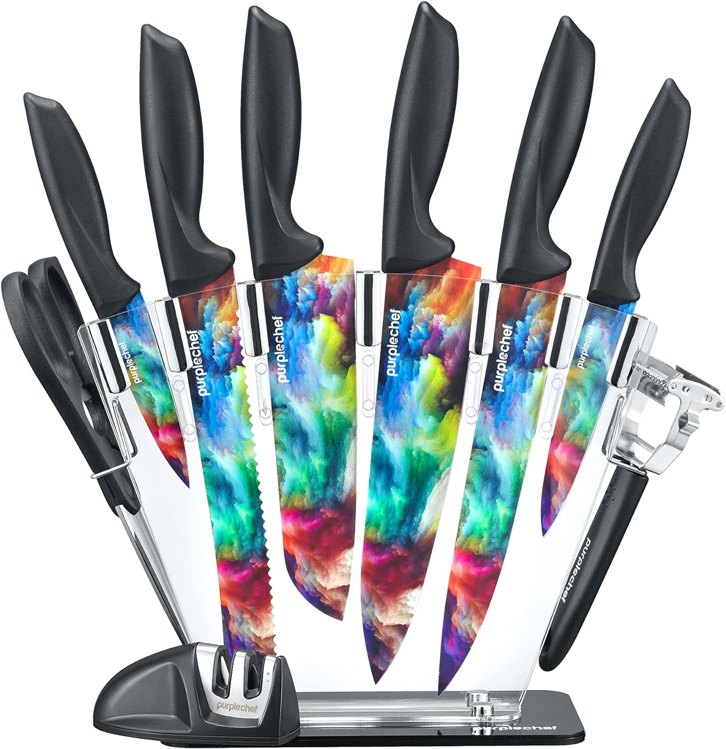 10 Pieces Kitchen Knives Set. Includes 6 Stainless Steel Knives, Scissors, Knife Sharpener, Peeler, and Clear Acrylic Stand (Cosmos)