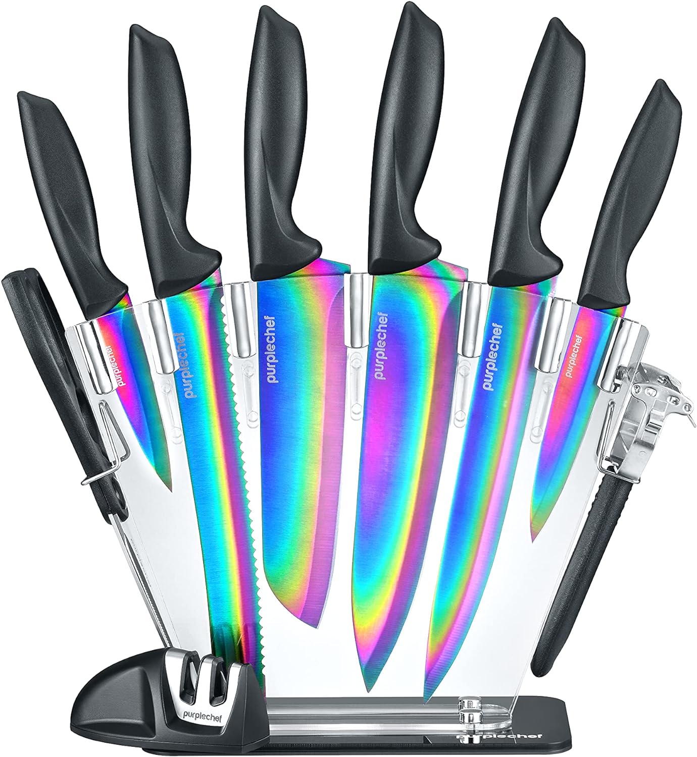 10 Pieces Iridescent Rainbow Titanium Coated Kitchen Knives Set. Includes 6 Stainless Steel Knives, Scissors, Knife Sharpener, Peeler, and Clear Acrylic Stand.