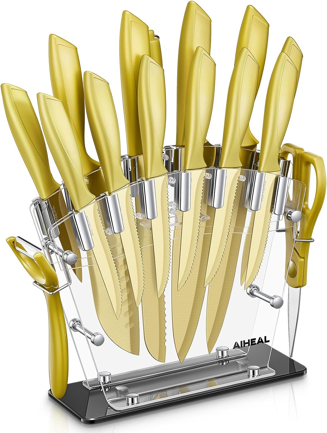 Knife Set, 16 Pieces High Carbon Stainless Steel Golden Color Kitchen Knife Set, Titanium Coating Blade, No Rust and Super Sharp Cutlery Knife Set with Acrylic Stand and Kitchen Scissors, Gift