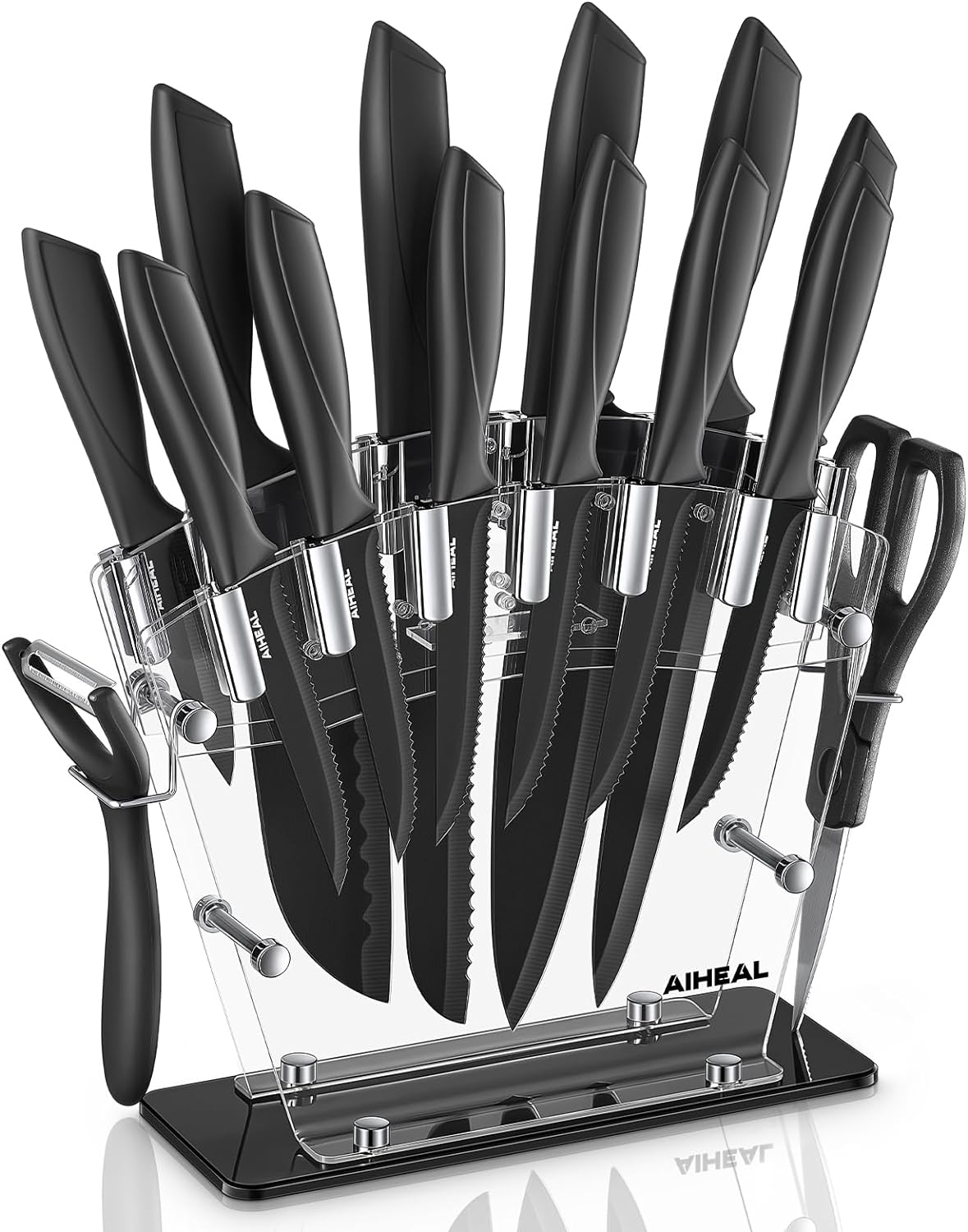 Knife Set, 16 Pieces High Carbon Stainless Steel Black Non Stick Coated Kitchen Knife Set, No Rust and Super Sharp Cutlery Knife Set with Acrylic Stand and Kitchen Scissors, Gift