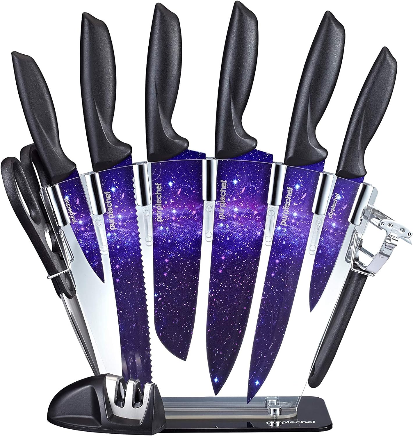 10 Pieces Purple Galaxy Kitchen Knives Set. Includes 6 Stainless Steel Knives, Scissors, Knife Sharpener, Peeler, and Clear Acrylic Stand.