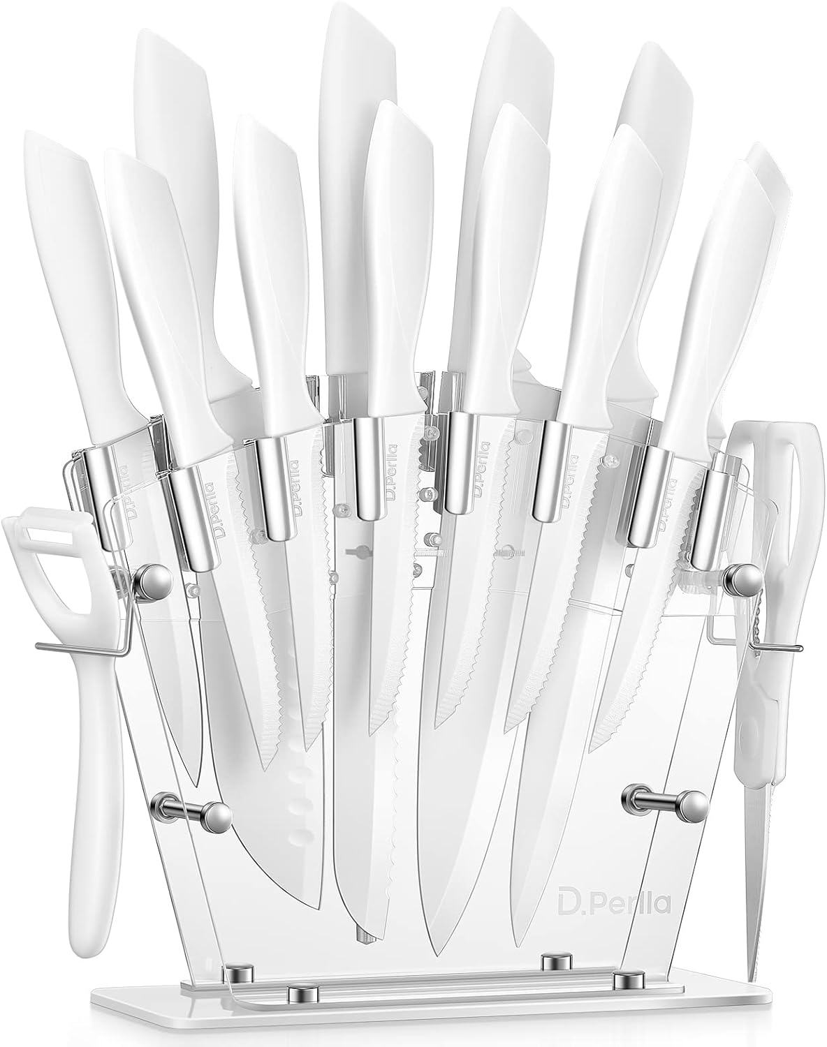 Knife Set, D.Perlla 16 Pieces White Kitchen Knife Set with Acrylic Stand, High Carbon Stainless Steel, Non Stick Coated Knife Block Set, No Rust, Non Slip Handle, Sharp Knife