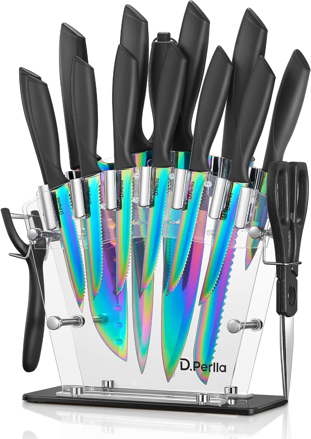 Knife Set, D.Perlla Rainbow Titanium Knife Block Set, 16 Pieces High Carbon Stainless Steel Kitchen Knife with Acrylic Stand, Non Slip Handle