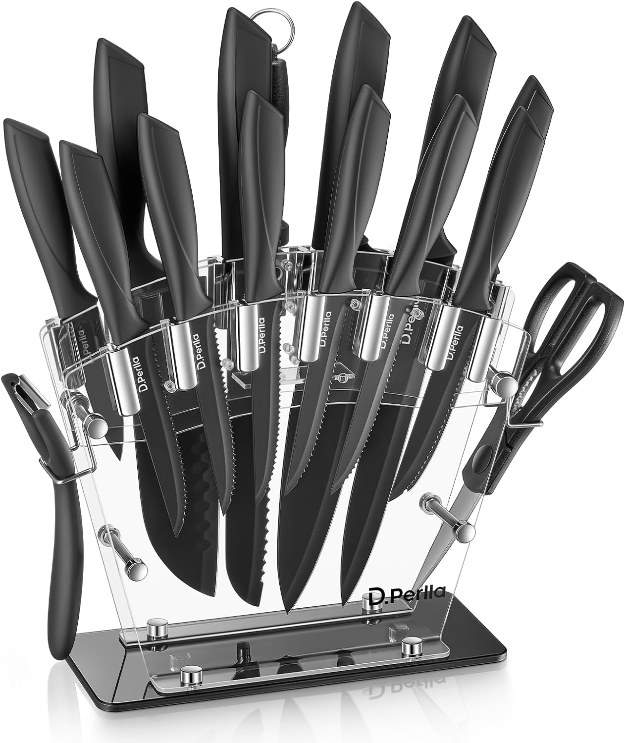 Knife Set, D.Perlla 16 Pieces Black Kitchen Knife Set with Acrylic Stand, High Carbon Stainless Steel, BO Oxidation Knife Block Set, No Rust, Non Slip Handle, Sharp Knife