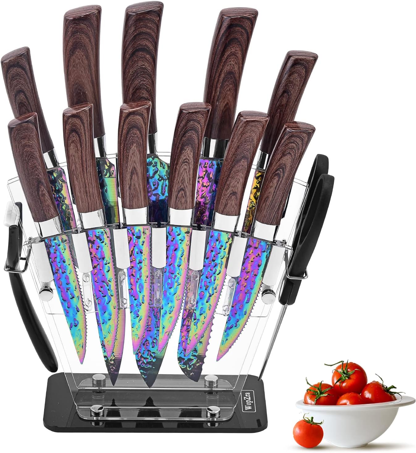 Rainbow Knife Set, Kitchen Knives Set with Acrylic Block, Thick Blade Cutlery Knife Block Set, Chef Sharp Quality for Home & Pro Use, Best Gift (15Pcs Set Coffee Handle)