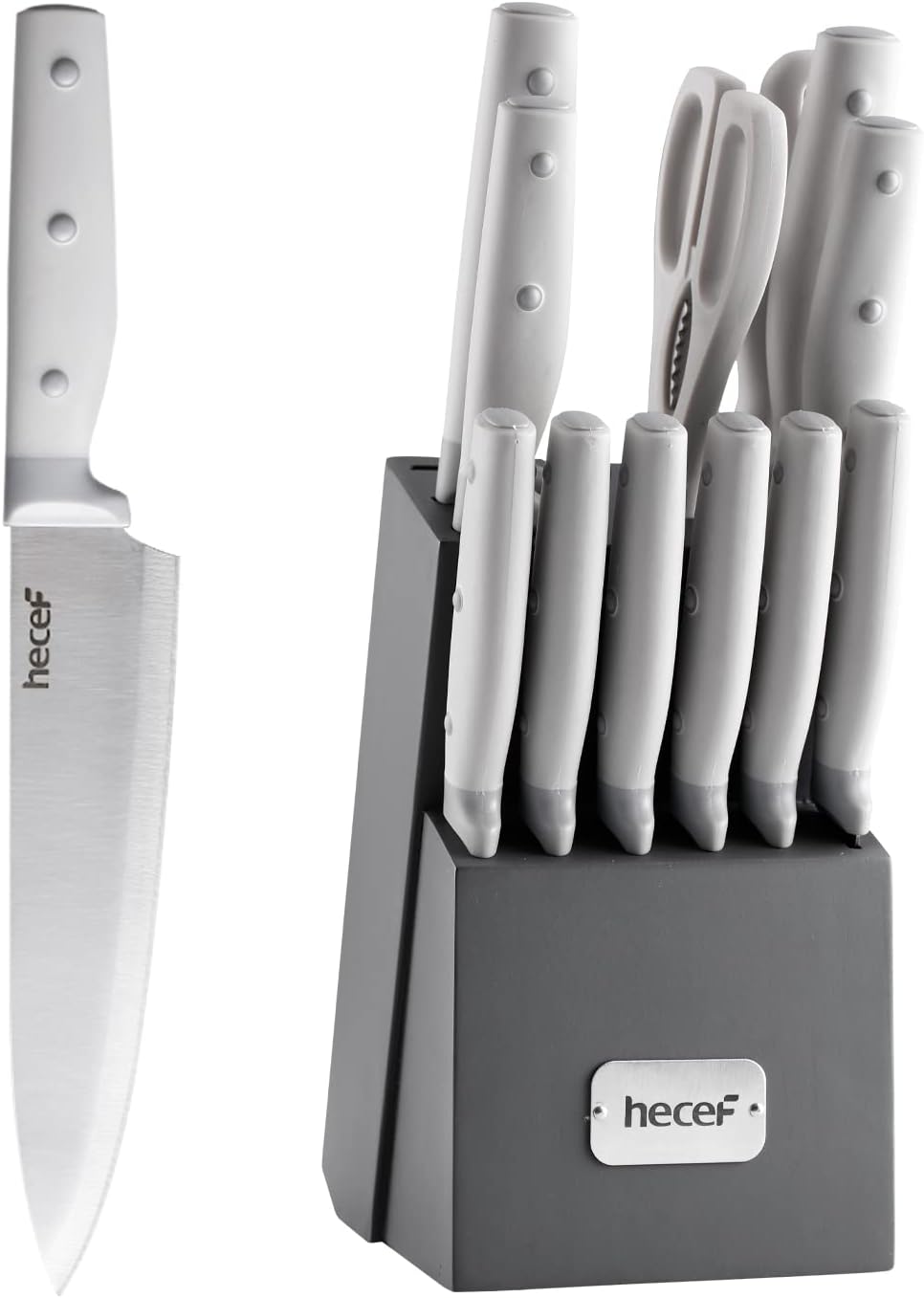 hecef Kitchen Knife Block Set, 14 Pieces Knife Set with Wooden Block & Sharpener Steel & All-purpose Scissors, High Carbon Stainless Steel Cutlery Set, Mothers Day Gift Housewarming Birthday(Grey)