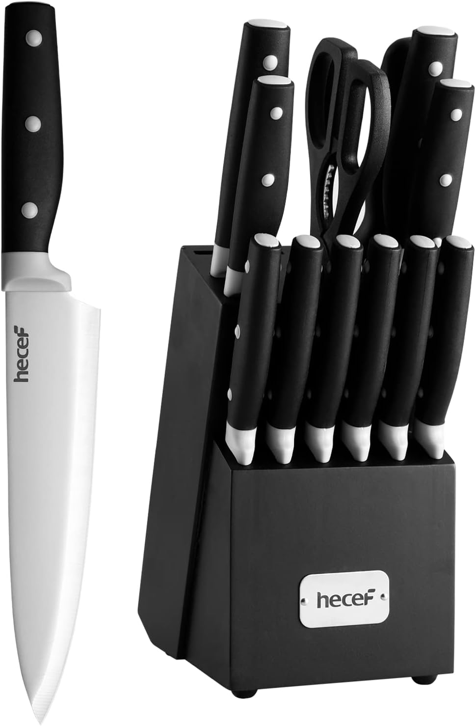 hecef Kitchen Knife Block Set, 14 Pieces Knife Set with Wooden Block & Sharpener Steel & All-purpose Scissors, High Carbon Stainless Steel Cutlery Set, Mothers Day Gift Housewarming Birthday