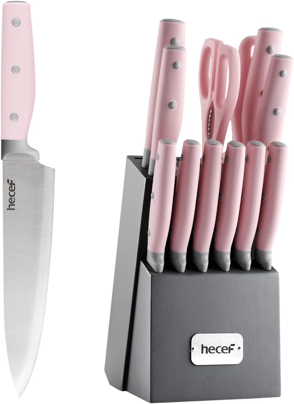 hecef Kitchen Knife Block Set, 14 Pieces Set with Wooden Block & Sharpener Steel & All-purpose Scissors, High Carbon Stainless Steel Cutlery Set, Mothers Day Gift Housewarming Birthday (Pink)