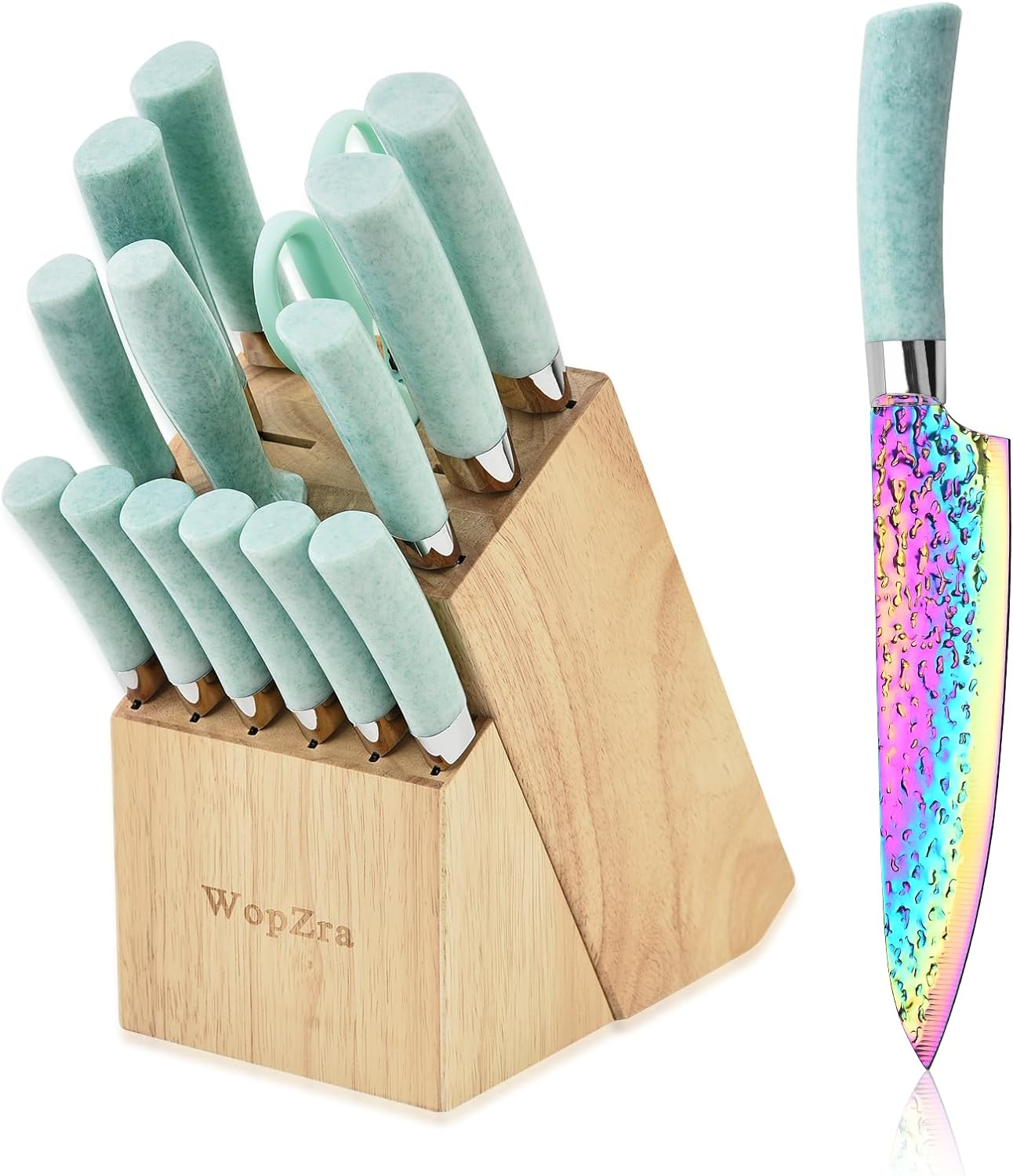 Kitchen Knife Set Non Stick Knives with Wood Storage, Serrated Steak Knife, Chef Knife, Scissors with Sharpener, 15Pcs Ultra-Sharp Cutlery Block Sets for Home & Pro Use Best Gift (Teal)