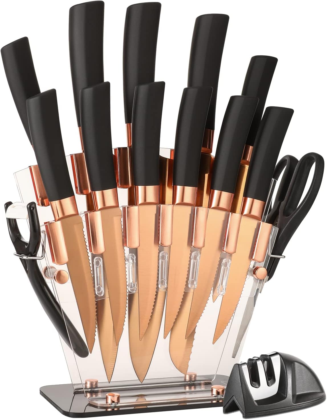 Gold Knife Set, Non Stick Thick Blade Kitchen Knives Set with Acrylic Storage Block, 6 Steak Knife, Sharpener, 15Pcs Sharp Knife Set, Beautiful Stainless Steel Knife Black Handle, Champagne Gold