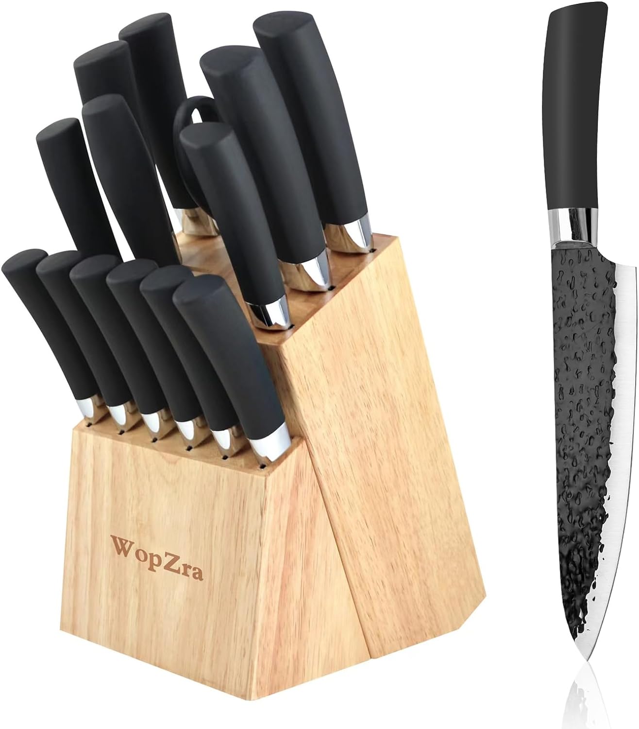 Kitchen Knife Set Non Stick Knives with Wood Storage, Serrated Steak Knife, Chef Knife, Scissors with Sharpener, 15Pcs Ultra-Sharp Cutlery Block Sets for Home & Pro Use Best Gift (Black)