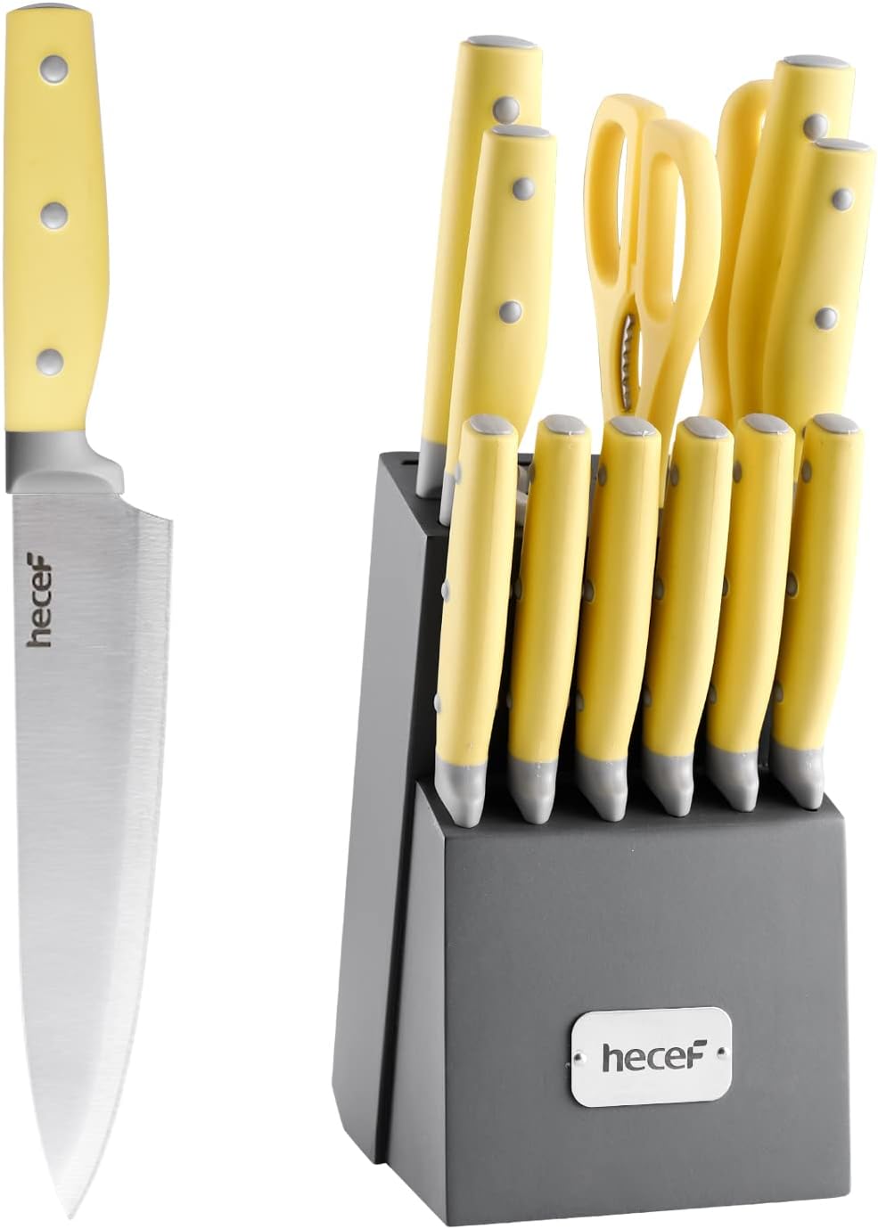 hecef Kitchen Knife Block Set, 14 Pieces Knife Set with Wooden Block & Sharpener Steel & All-purpose Scissors, High Carbon Stainless Steel Cutlery Set, Mothers Day Gift Housewarming Birthday (Yellow)