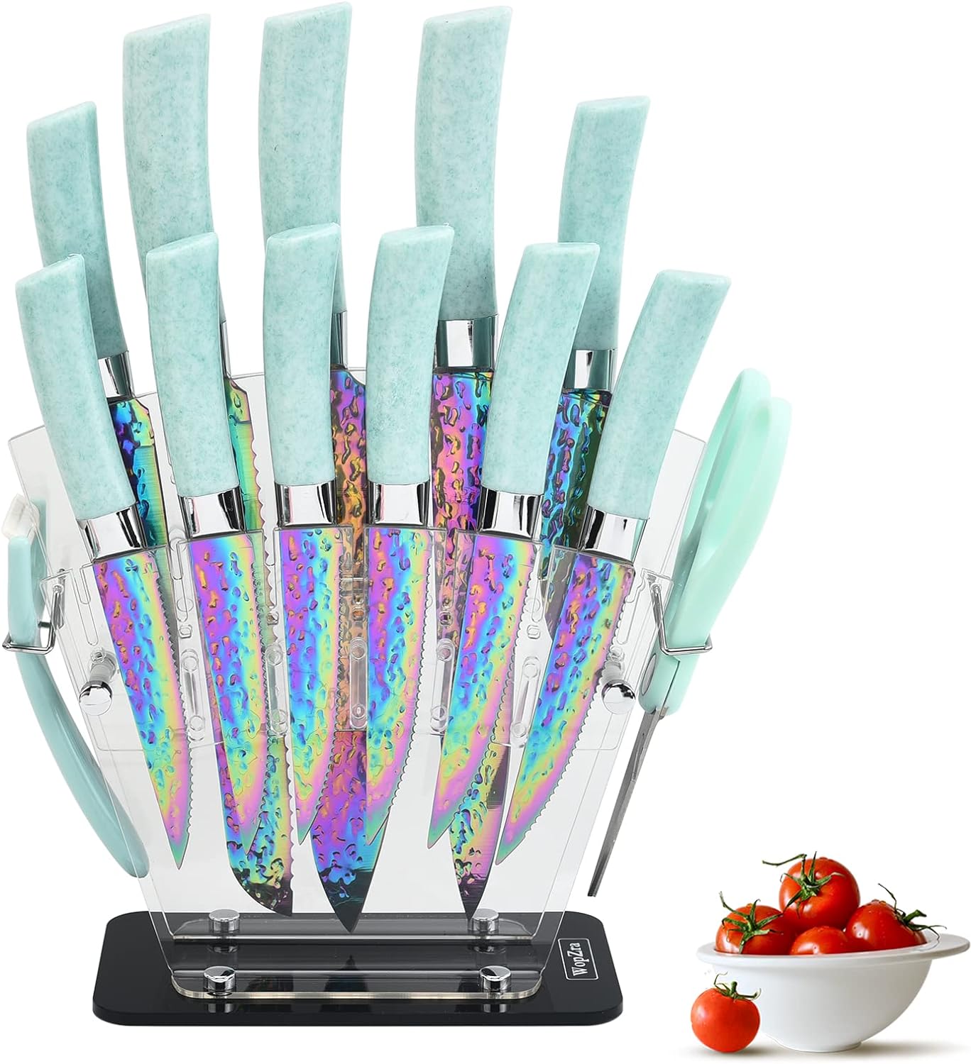 Rainbow Knife Set, Kitchen Knives Set with Acrylic Block, Thick Blade Cutlery Knife Block Set, Chef Sharp Quality for Home & Pro Use, Best Gift (Teal Handle)