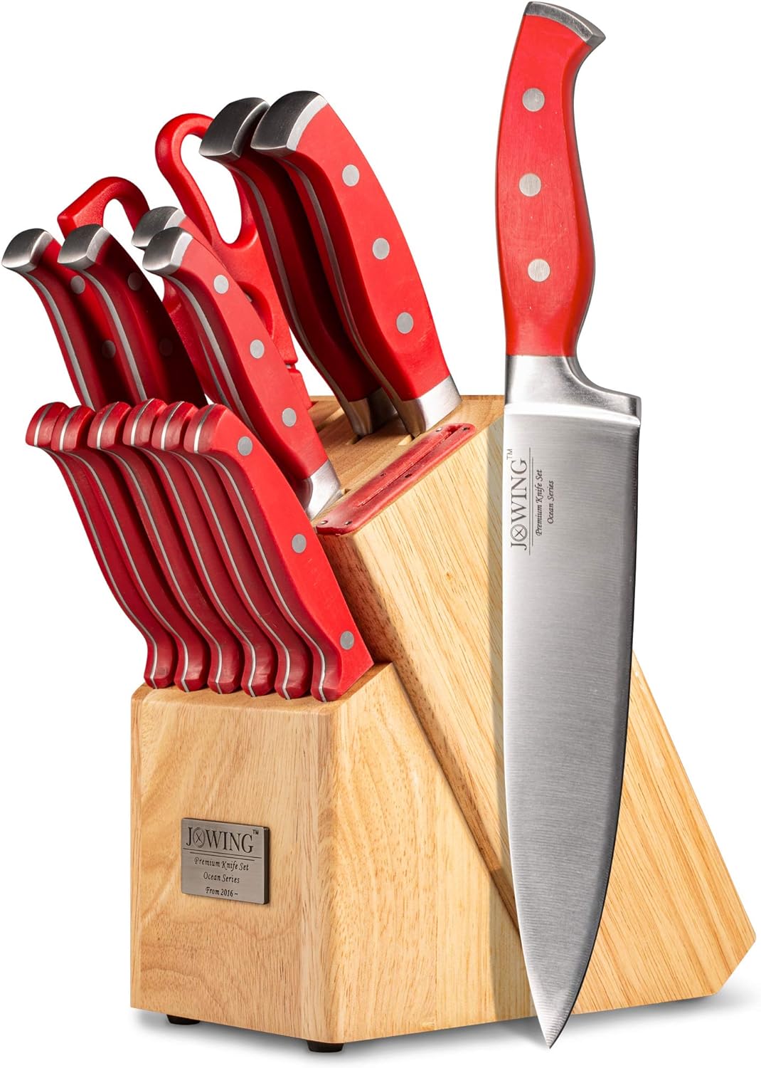 Professional 15-Piece German High Carbon Stainless Steel Kitchen Knife Set, Ocean Series Premium Forged Full Tang Chef Knives Set with Rubber Wood Block, Red