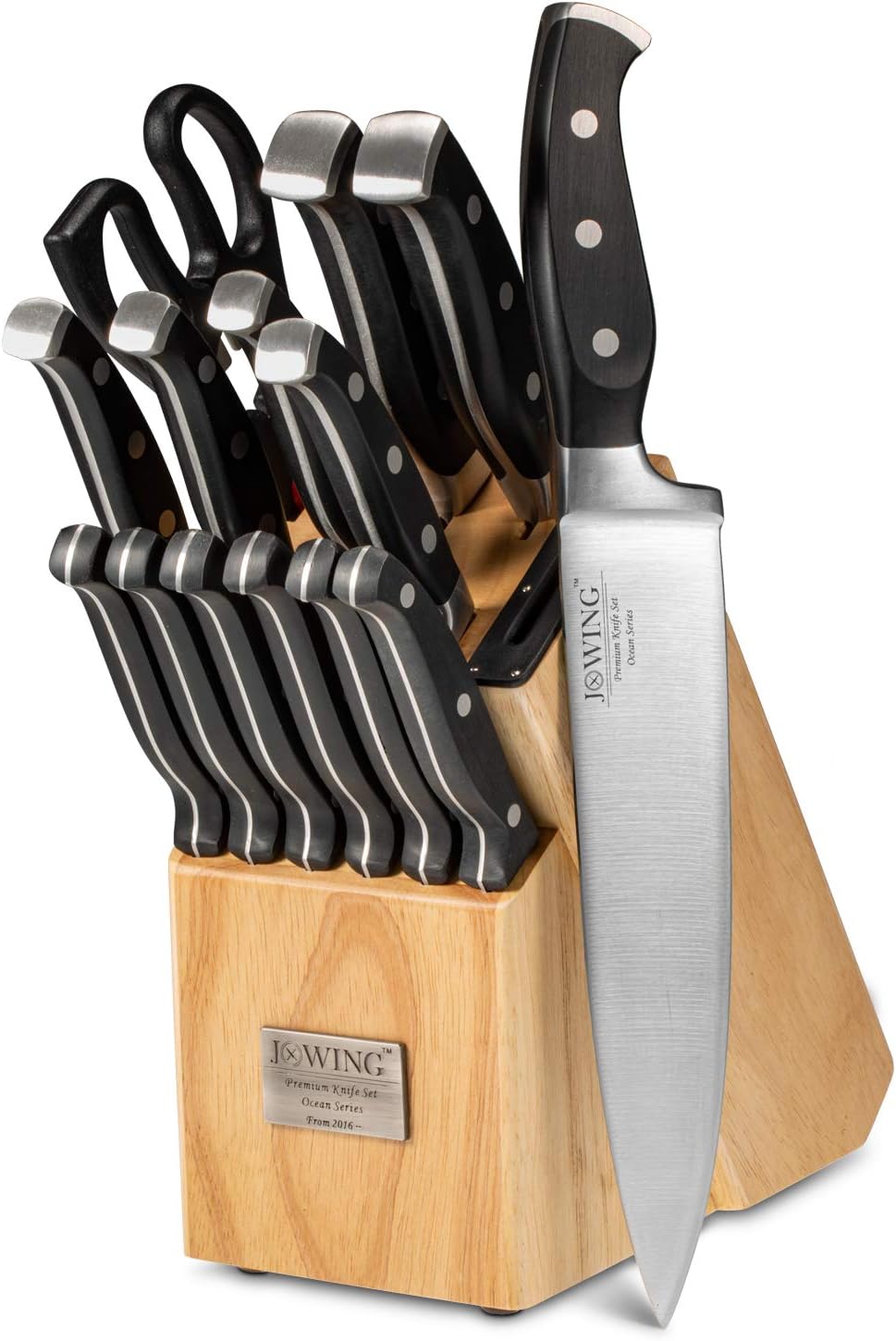 Professional 15-Piece German High Carbon Stainless Steel Kitchen Knife Set, Ocean Series Premium Forged Full Tang Chef Knives Set with Rubber Wood Block, Black