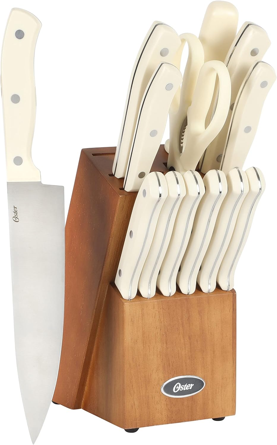 Oster Evansville 14 Piece Cutlery Knife Block Set, Stainless Steel w/Linen White Handles