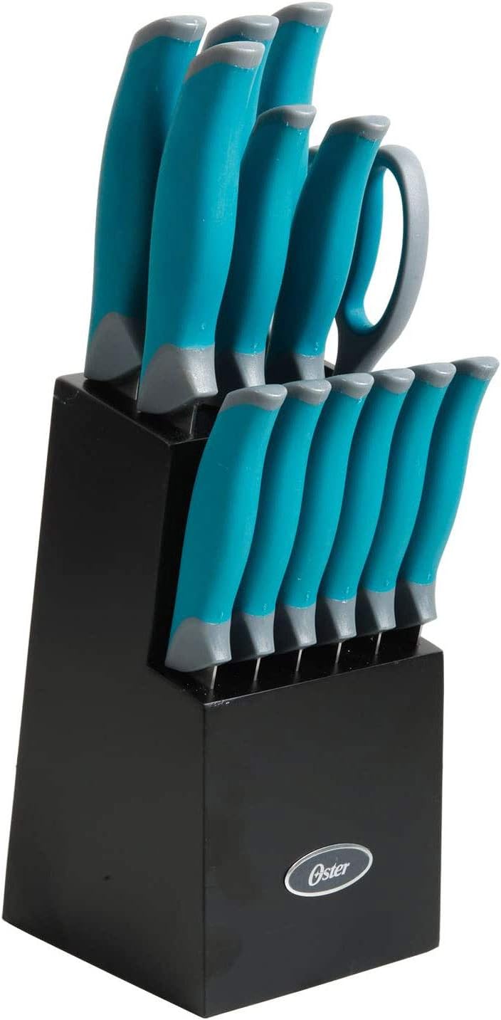 Oster Lindbergh 14 Piece Stainless Steel Cutlery Set Black Block, Teal Handles,Teal/Black