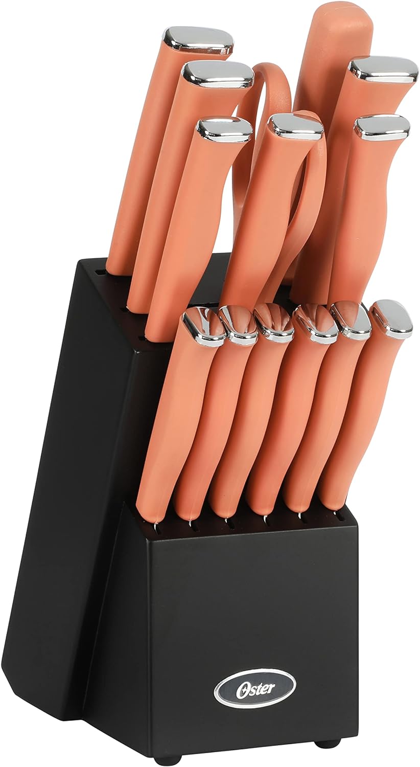 Oster Langmore 15 Piece Stainless Steel Cutlery Knife Block Set W/Black Box  Terracotta Orange Handles