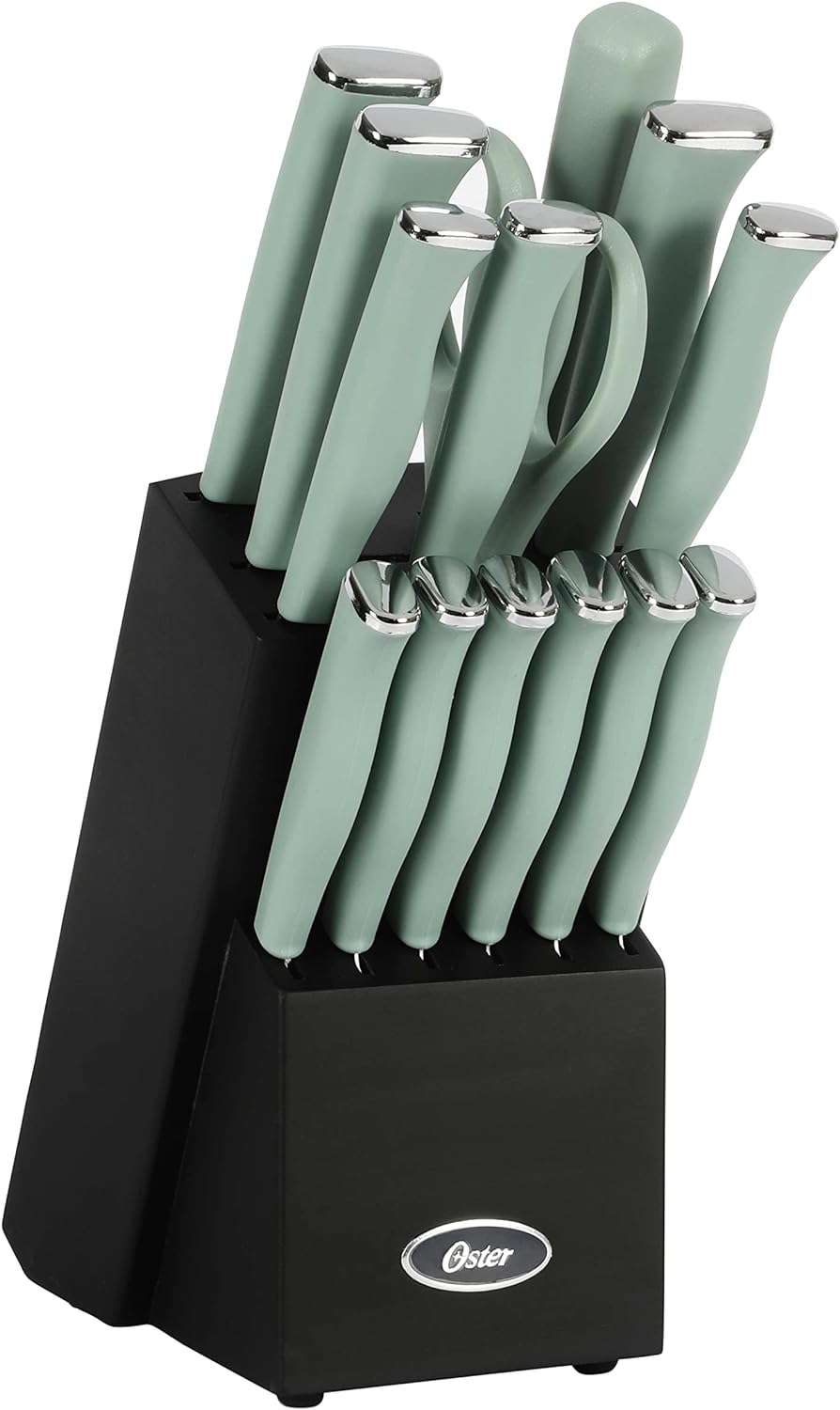 Oster Langmore 15 Piece Stainless Steel Cutlery Knife Block Set W/Black Box  Moss Blue