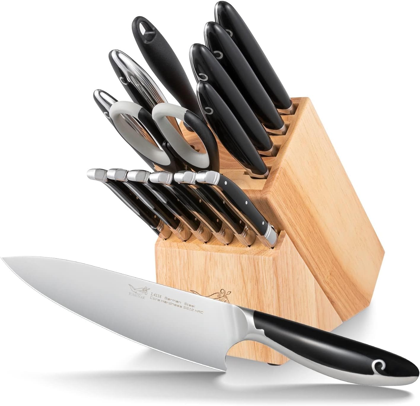 Knife Sets for Kitchen with Block, YONOVAK Black Whale Series 15-Piece 1.4116 German Steel Full Tang Handle Chef Kitchen Knife Set with 6 X Laguiole Steak Knives