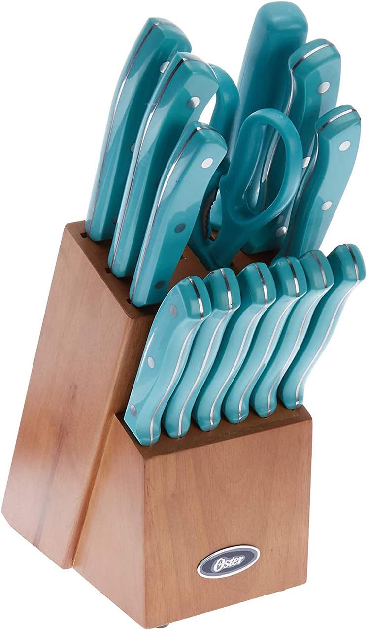 Oster Evansville 14 Piece Cutlery Set, Stainless Steel with Turquoise Handles -