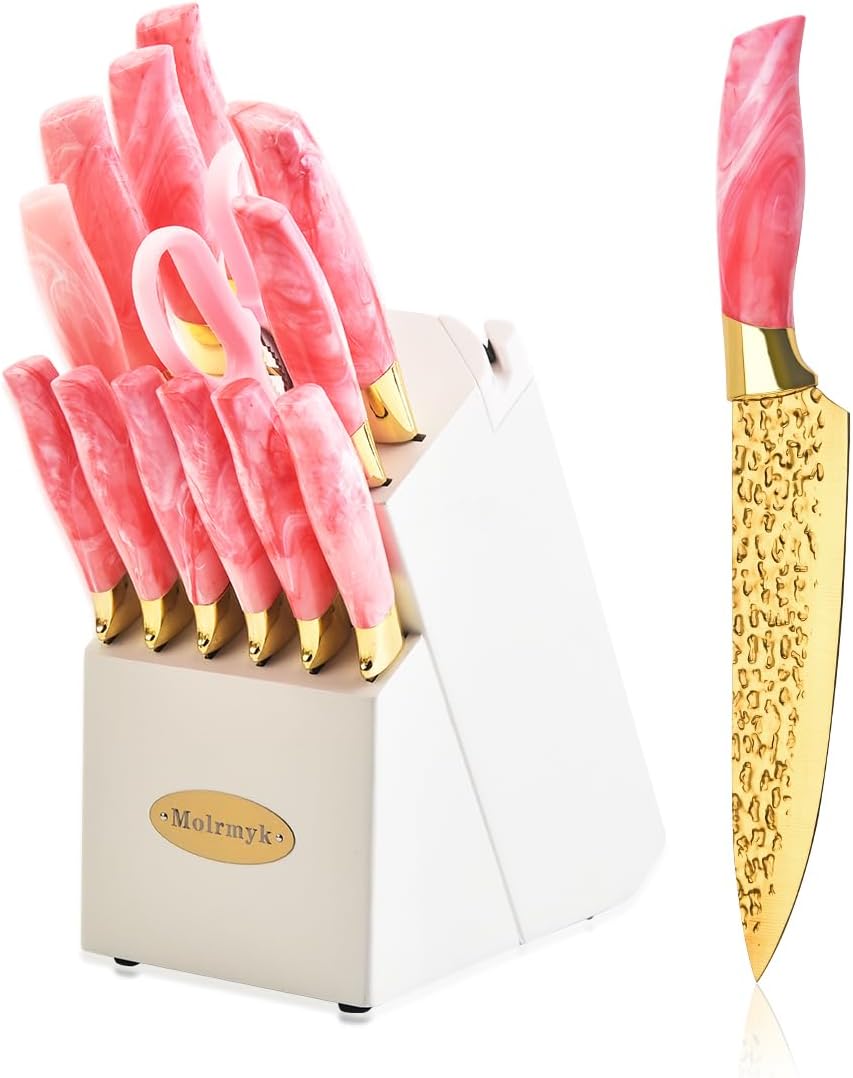 Knife Set, Non Stick Thick and Sharp Stainless Steel Kitchen Knives Set with Wood Block, 14 Pcs Cutlery Knives Block Set with Steak Knife, Bread Knife, Scissors, Chef Quality (Pink)