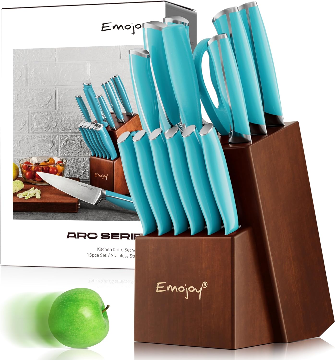 Knife Set, Emojoy 15 Piece Kitchen Knife Set with Block Wooden, German Stainless Steel Sharp Chef Knife Set with Sharpener, Dishwasher Safe and Rust Proof (blue knife set)