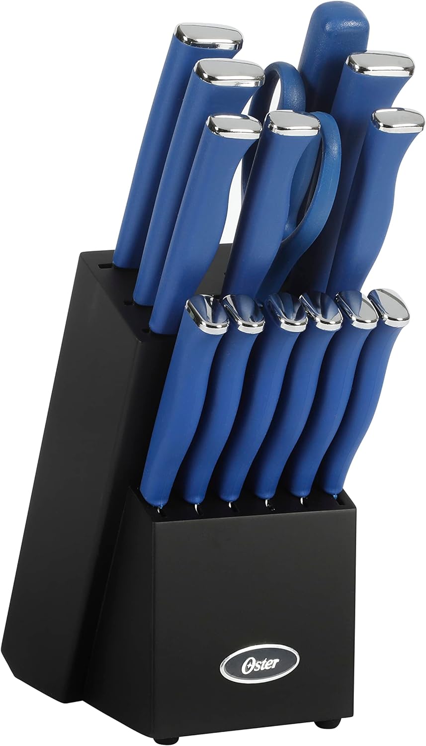 Oster Langmore 15 Piece Stainless Steel Cutlery Knife Block Set W/Black Box  Classic Blue Handles