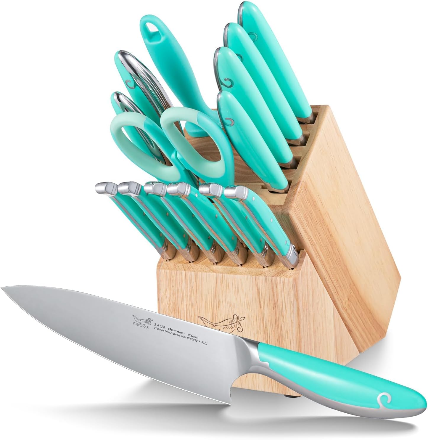 Knife Sets for Kitchen with Block, YONOVAK Blue Whale Series 15-Piece 1.4116 German Steel Full Tang Handle Chef Kitchen Knife Set with 6 X Laguiole Steak Knives