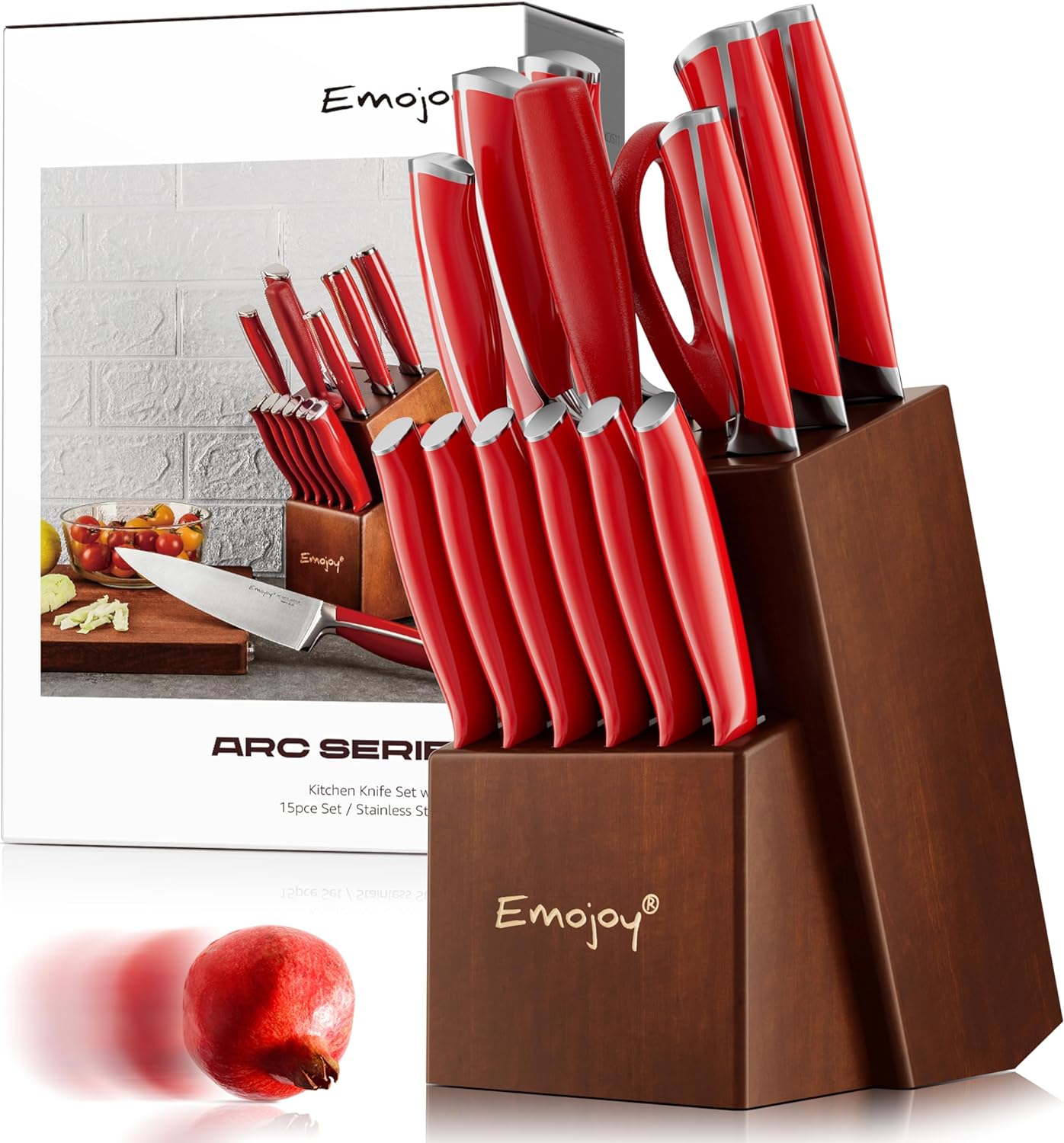 Knife Set, Emojoy 15 Piece Kitchen Knife Set with Block Wooden, German Stainless Steel Sharp Chef Knife Set with Sharpener, Dishwasher Safe and Rust Proof (kitchen knife set red)