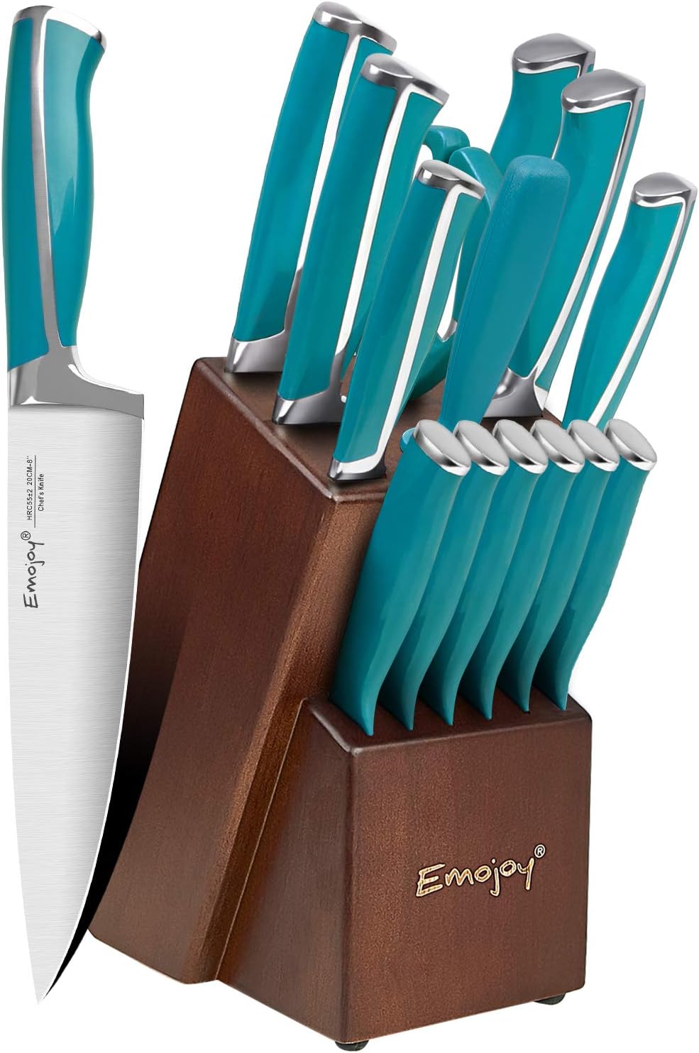 Emojoy Knife Set, 15-Piece Kitchen Knife Set with Block Wooden, Lake Blue Handle for Chef Knife Set, Kitchen Knives Sharpener and Scissors German Stainless Steel