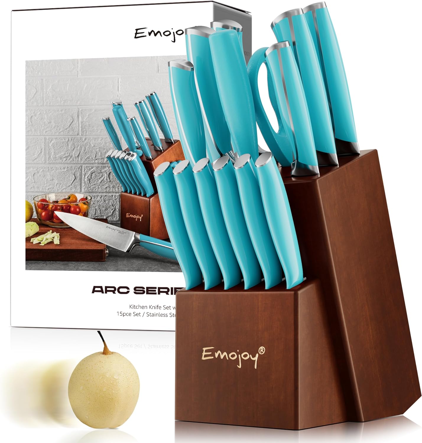 Knife set,Emojoy Kitchen Knife Set With Block Wooden,15-Pieces Kitchen Knives German Stainless Steel Sharp Chef Knife Set with Sharpener