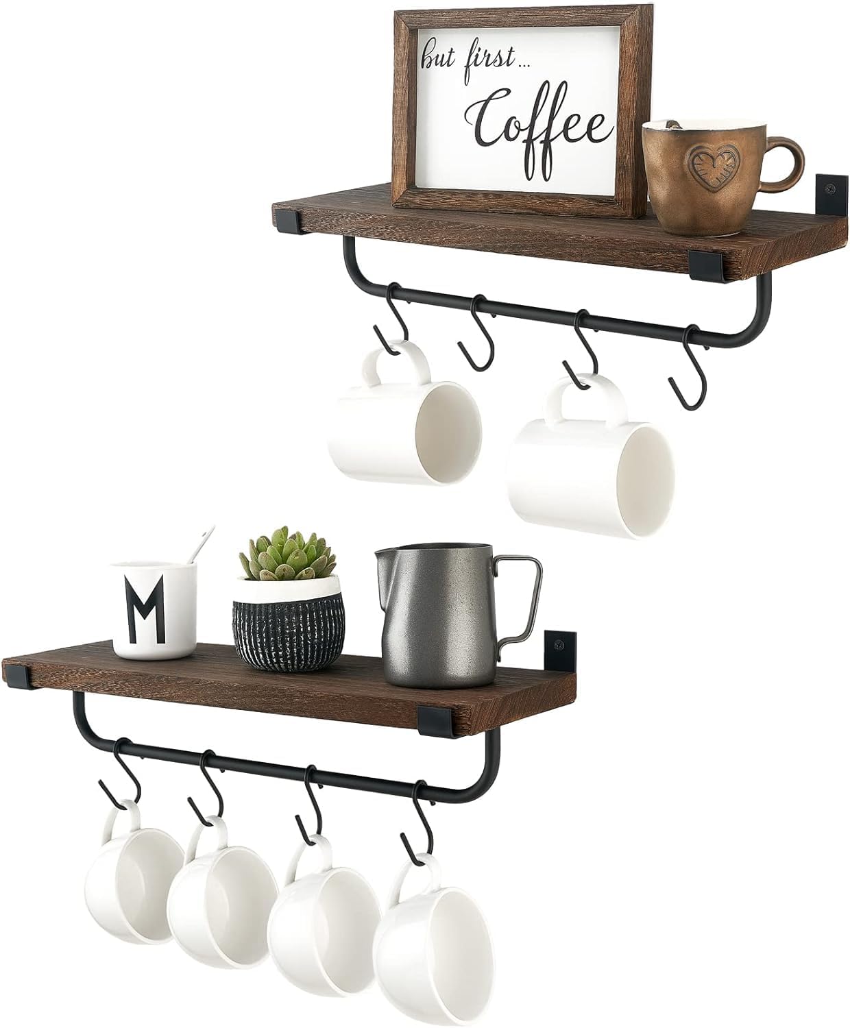 Mkono Mug Holder Wall Mounted Coffee Mug Rack and Coffee Sign,Rustic Floating Shelf for Coffee Bar Accessories Wood Tea Cup Hooks Hanger for Organizing Cooking Utensils, Home Kitchen Decor, Brown