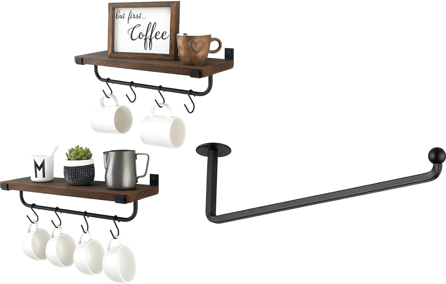 Mkono Mug Holder Wall Mounted Coffee Mug Rack Set of 2 Rustic Floating Shelf and Paper Towel Holder Wall Mount Paper Towel Holders Under Cabinet for Kitchen Decor Metal Hanging Paper Towel Roll Rack