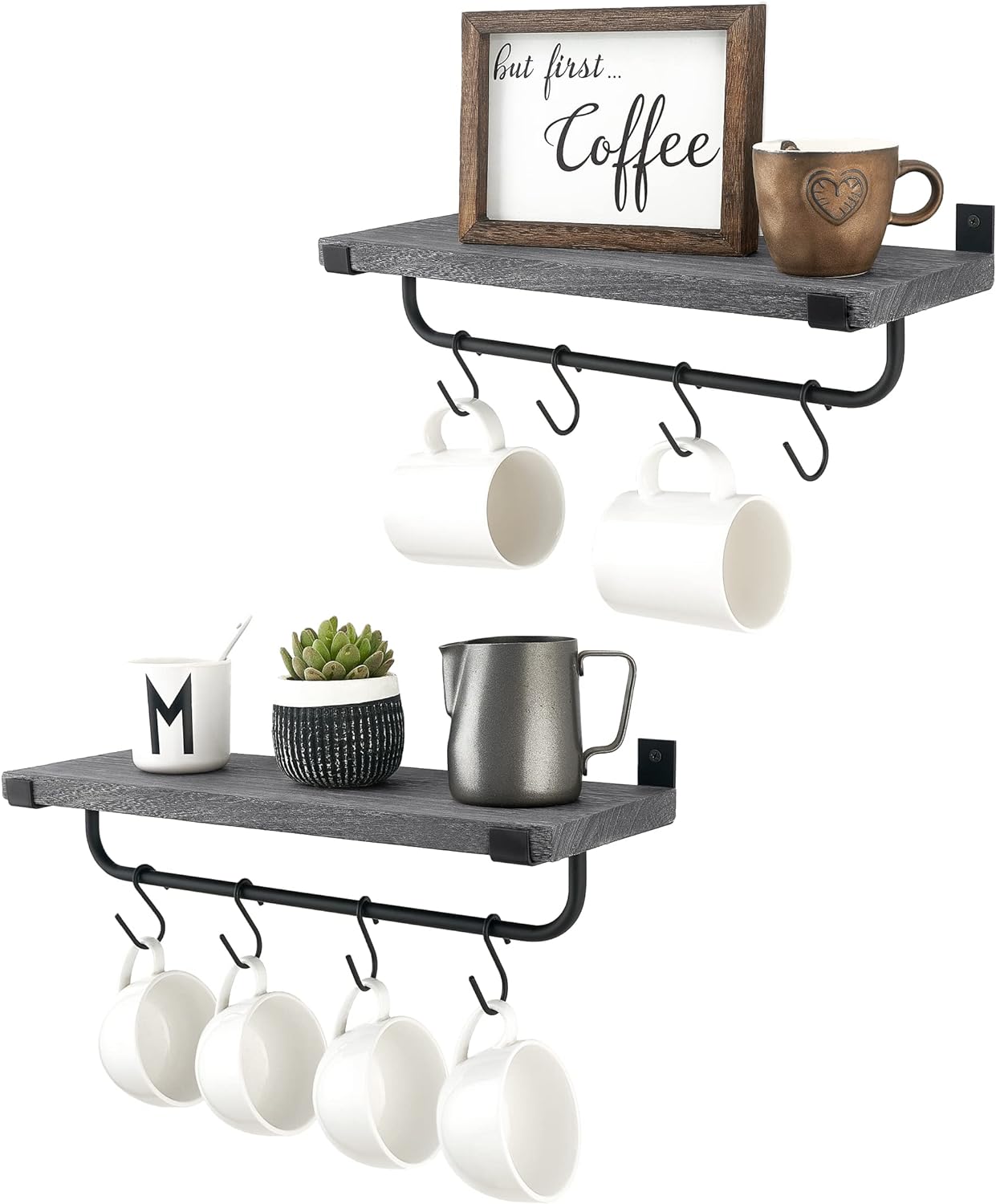 Mkono Mug Holder Wall Mounted Coffee Mug Rack Set of 2 Rustic Floating Shelf for Coffee Bar Accessories Wood Tea Cup Hooks Hanger for Organizing Cooking Utensils, Home Kitchen Decor, Grey