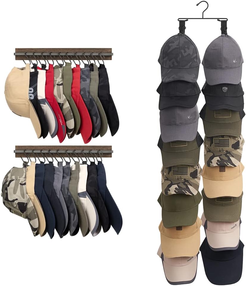 Mkono Hat Rack for Wall Wooden Baseball Caps Organizer with 20 Hooks and Cap Keeper Hanger with 16 Hooks