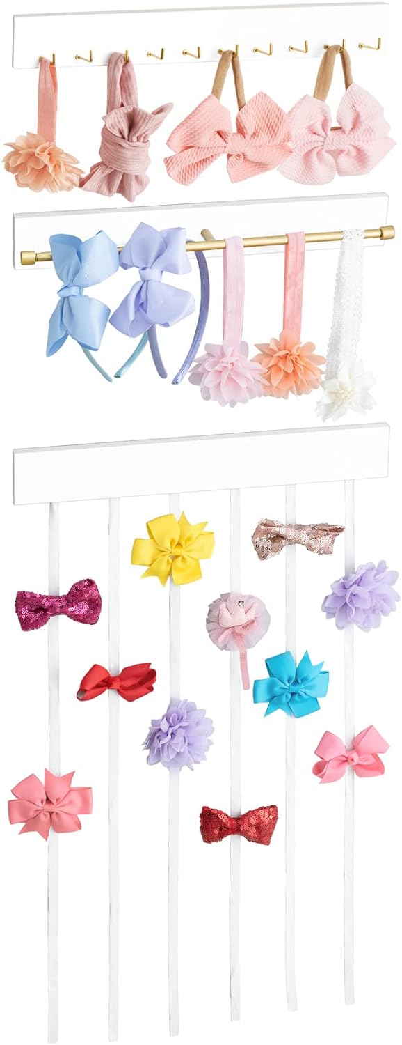 Mkono Hair Bows Holder Organizer for Girls, Headband Bow Rack with Golden Metal Bar and 10 Hooks, Set of 3 Wood Hair Clips Bow Storage Organizer for Girls Hair Accessories Organize